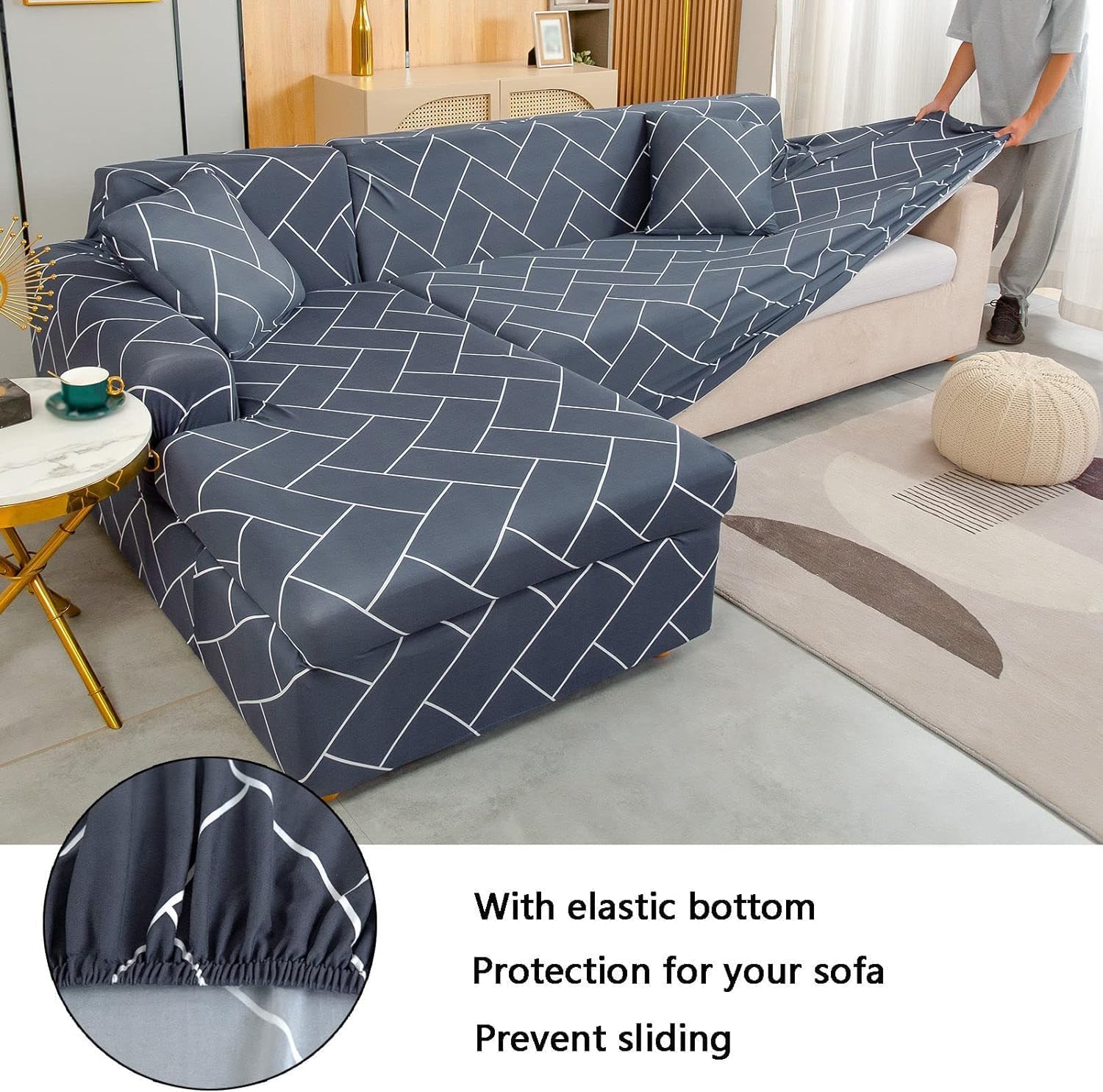 Hexa Grey L-Shape Sofa Cover - Stain Proof, Dust Proof, Super Strechable & Machine Washable