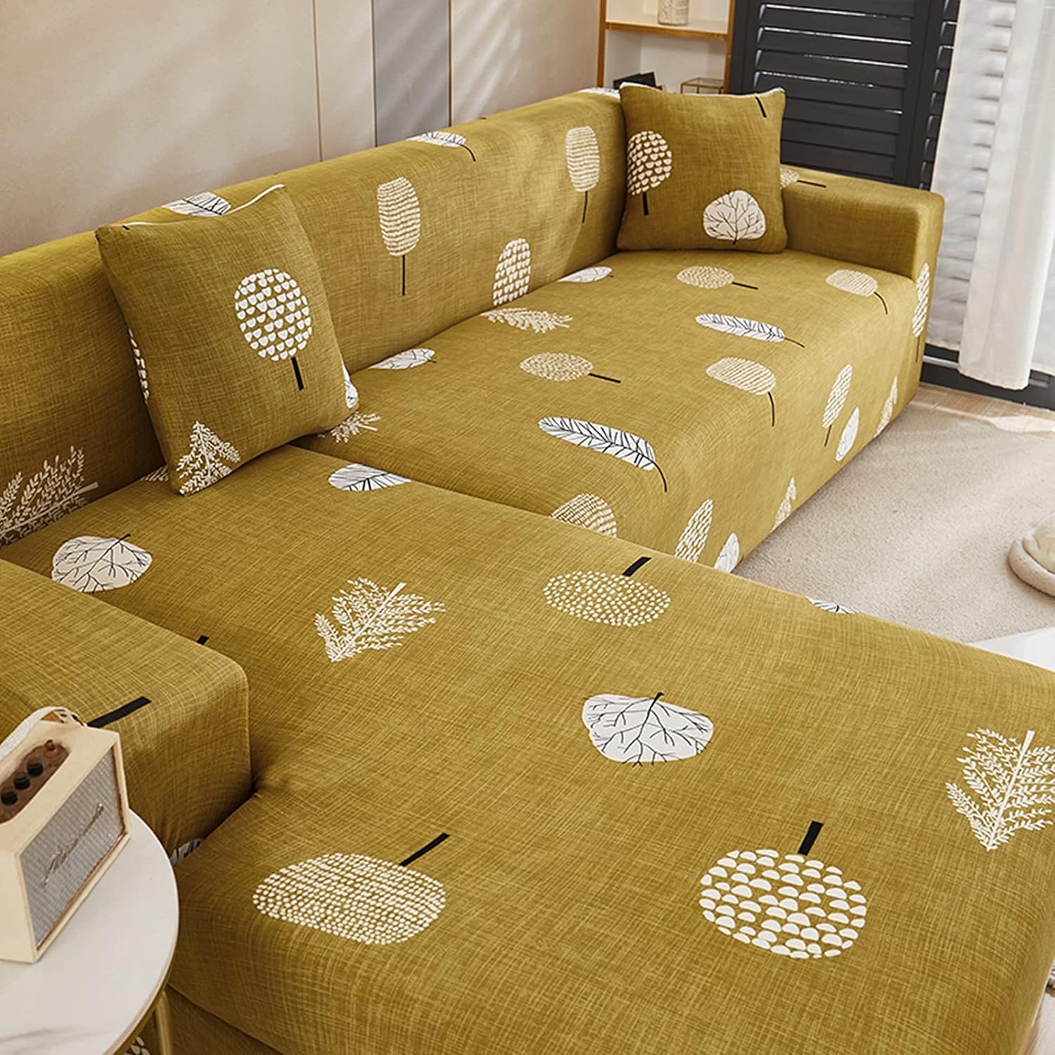 Yellow Leaf L-Shape Sofa Cover - Stain Proof, Dust Proof, Super Strechable & Machine Washable