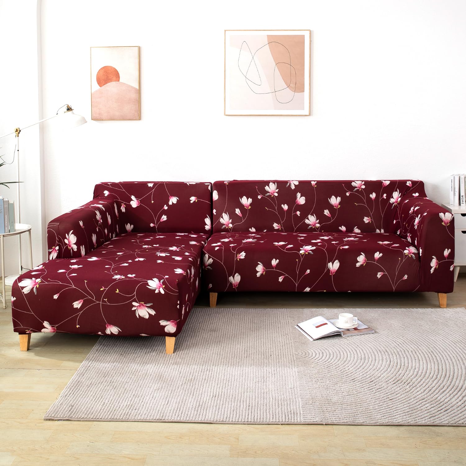 Floral Maroon L-Shape Sofa Cover - Stain Proof, Dust Proof, Super Strechable & Machine Washable