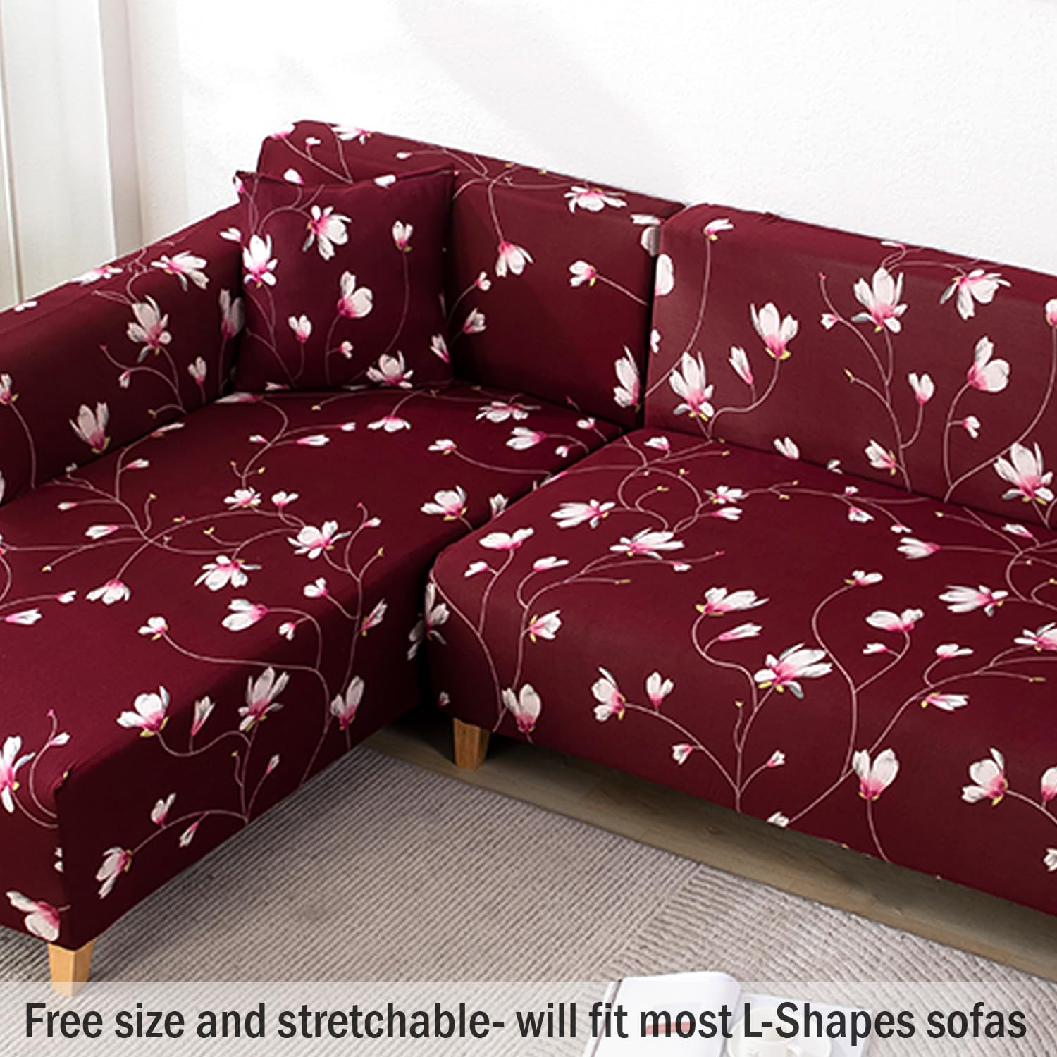 Floral Maroon L-Shape Sofa Cover - Stain Proof, Dust Proof, Super Strechable & Machine Washable