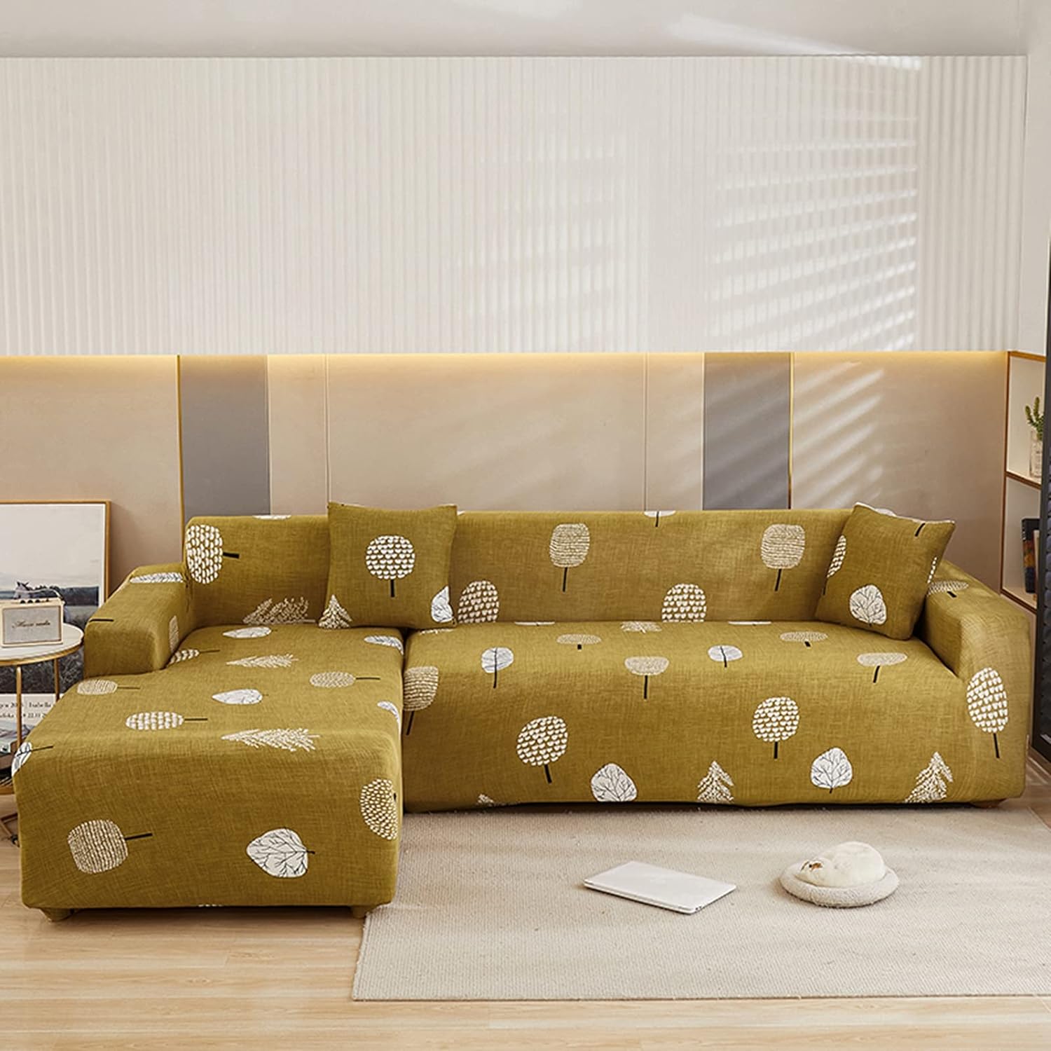 Yellow Leaf L-Shape Sofa Cover - Stain Proof, Dust Proof, Super Strechable & Machine Washable