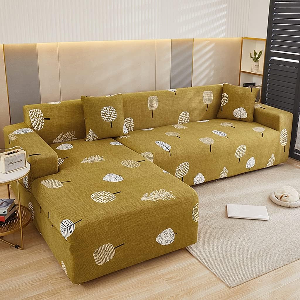 Yellow Leaf L-Shape Sofa Cover - Stain Proof, Dust Proof, Super Strechable & Machine Washable