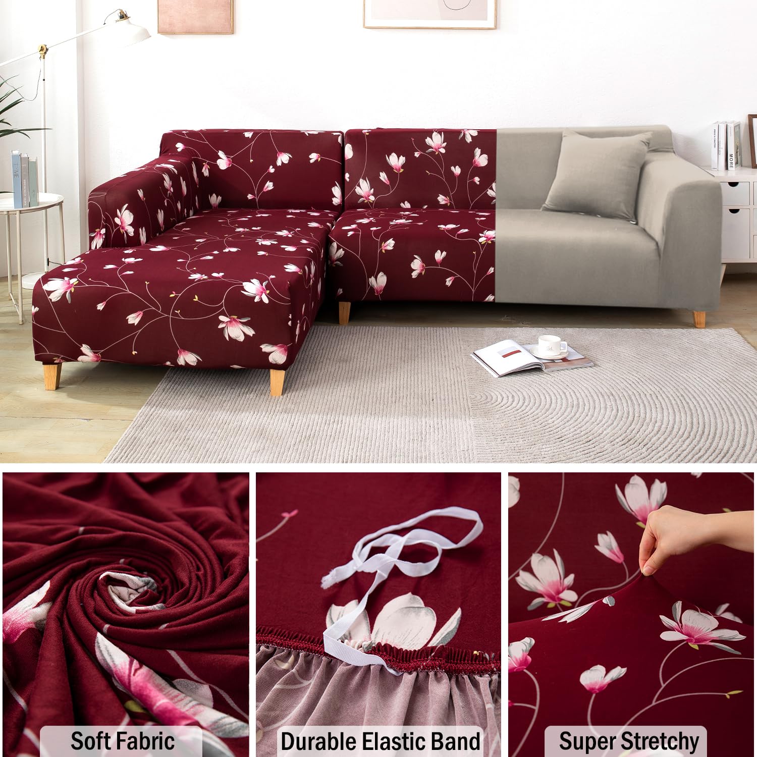 Floral Maroon L-Shape Sofa Cover - Stain Proof, Dust Proof, Super Strechable & Machine Washable