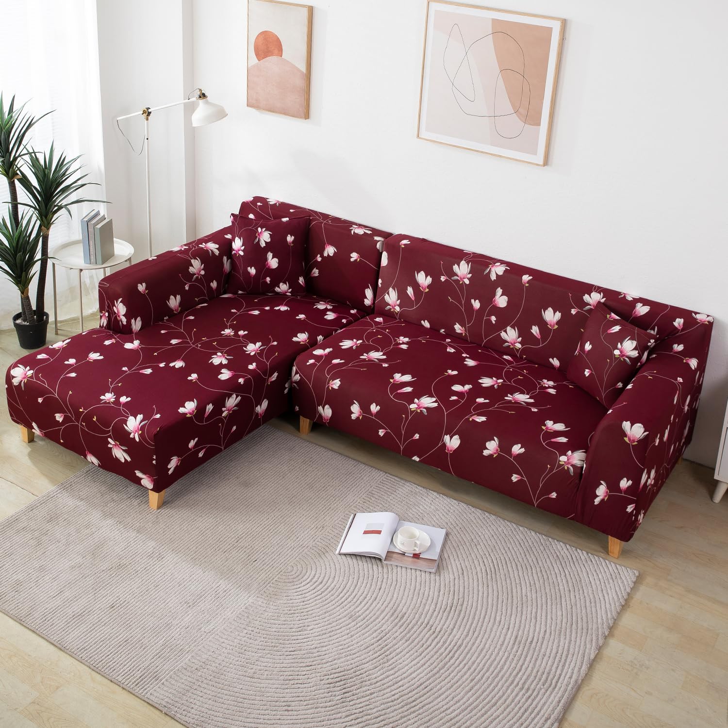 Floral Maroon L-Shape Sofa Cover - Stain Proof, Dust Proof, Super Strechable & Machine Washable