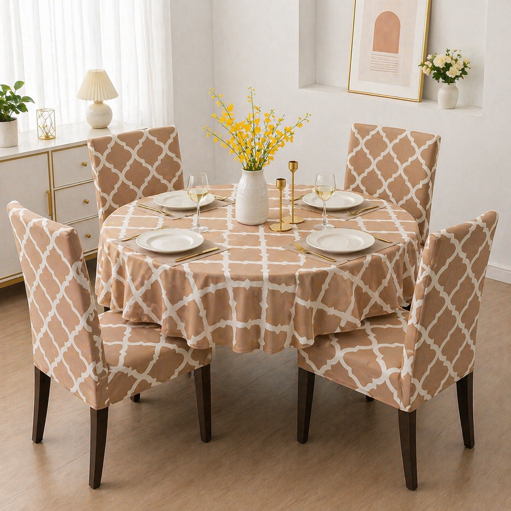 Cream Diamond Round Table & Chair Cover – Stretchable, Dustproof & Machine Washable