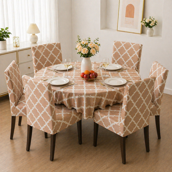 Cream Diamond Dining Set Cover | Round Table & Chair Covers | Stretchable & Machine Washable | 4, 6 & 8 Seater
