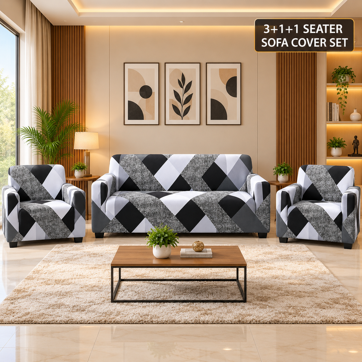 Monochrome Abstract - Luxury Quality Strechable & Dust-proof Sofa Cover