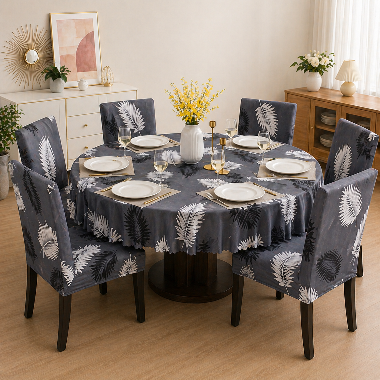 Charcol Fern Round Table & Chair Cover – Stretchable, Dustproof & Machine Washable