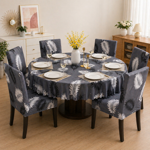 Charcol Fern Dining Set Cover | Round Table & Chair Covers | Stretchable & Machine Washable | 4, 6 & 8 Seater