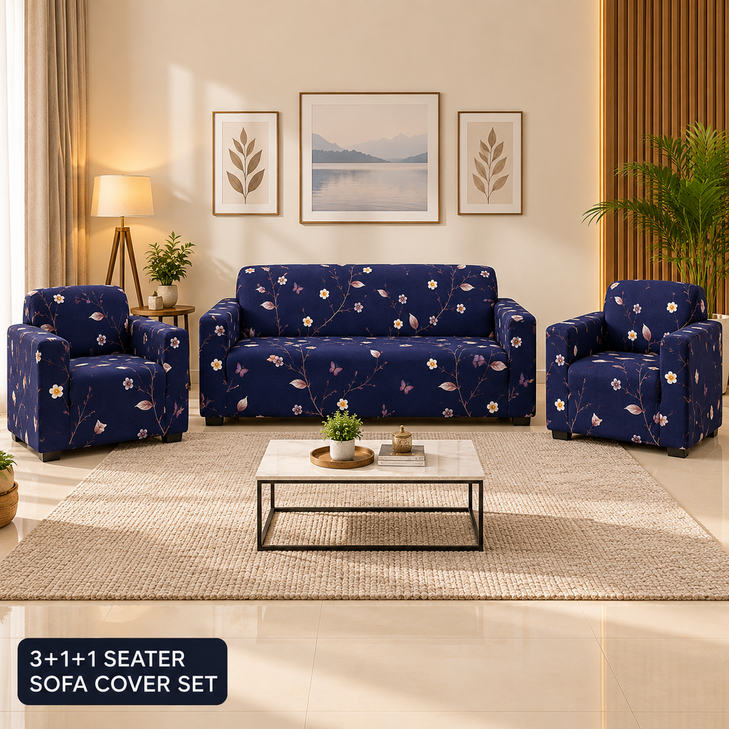 Flowerful Blue - Luxury Quality Strechable & Dust-proof Sofa Cover