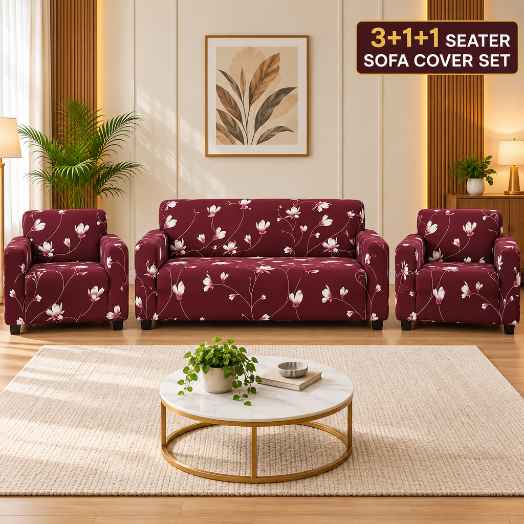 Floral Maroon - Luxury Quality Strechable & Dust-proof Sofa Cover