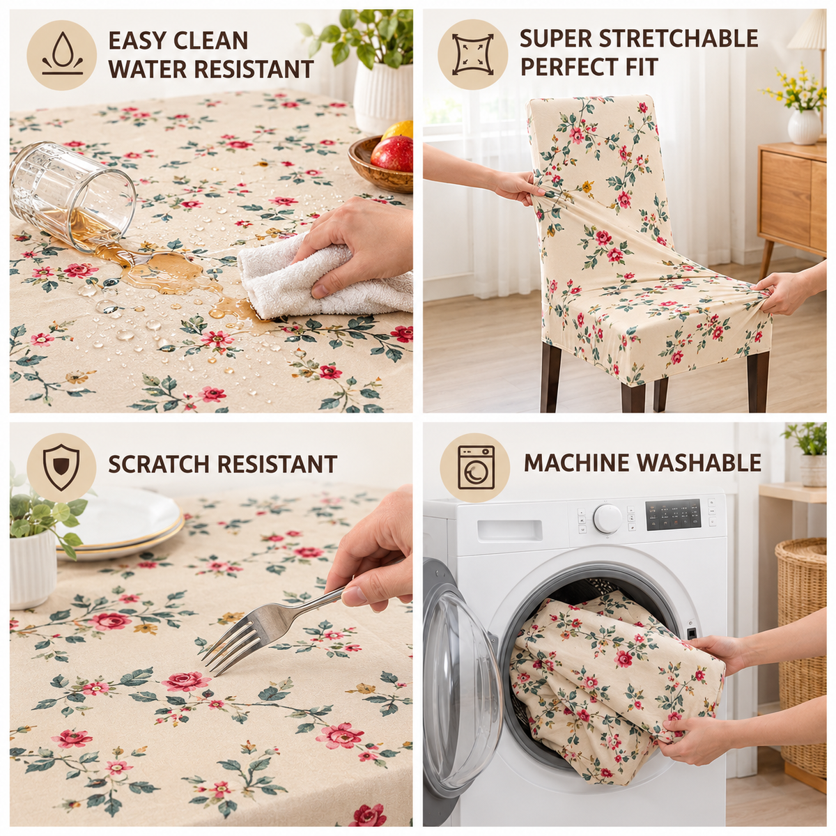 Cream Dream Dining Set Cover | Round Table & Chair Covers | Stretchable & Machine Washable | 4, 6 & 8 Seater