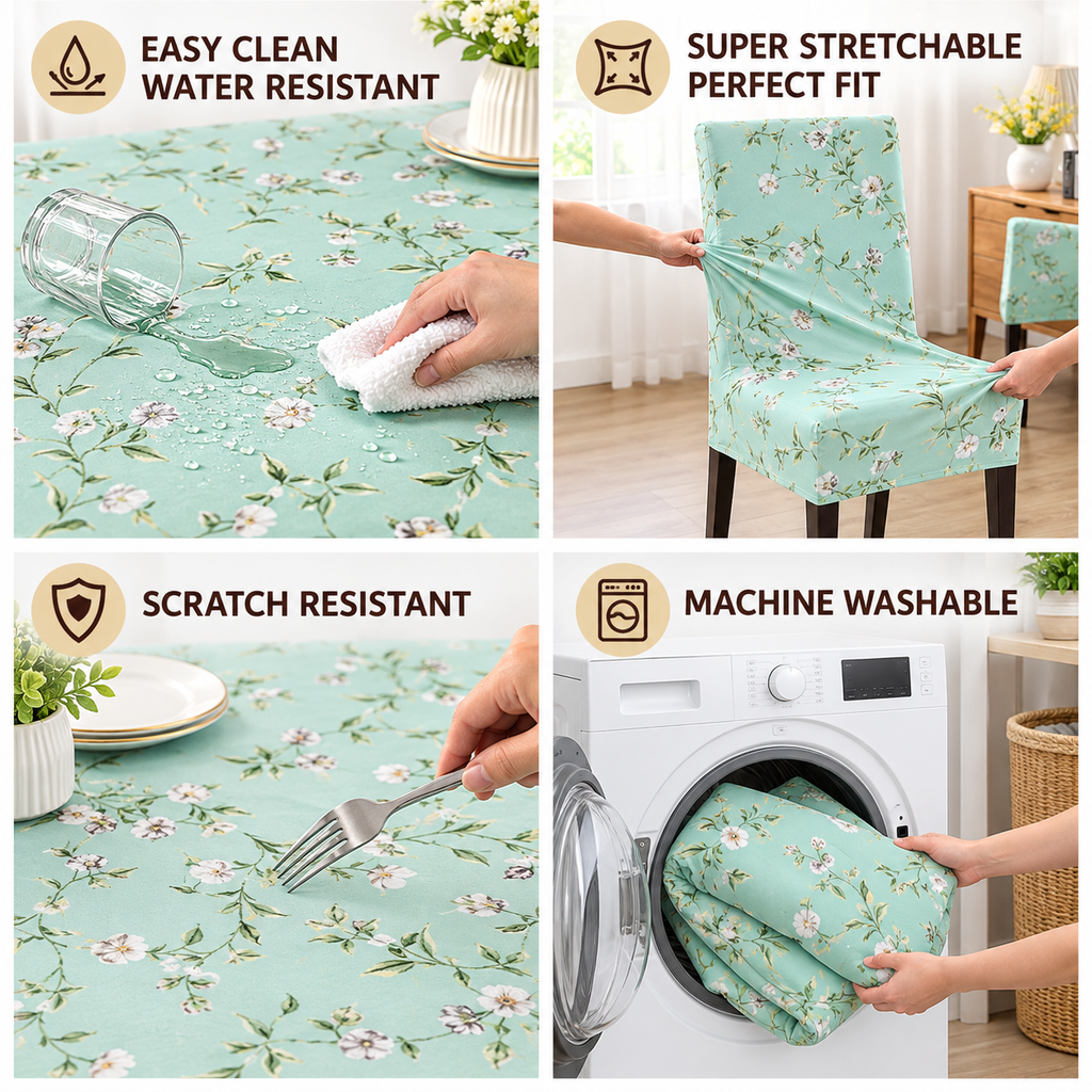 Pastol Green Dining Set Cover | Round Table & Chair Covers | Stretchable & Machine Washable | 4, 6 & 8 Seater