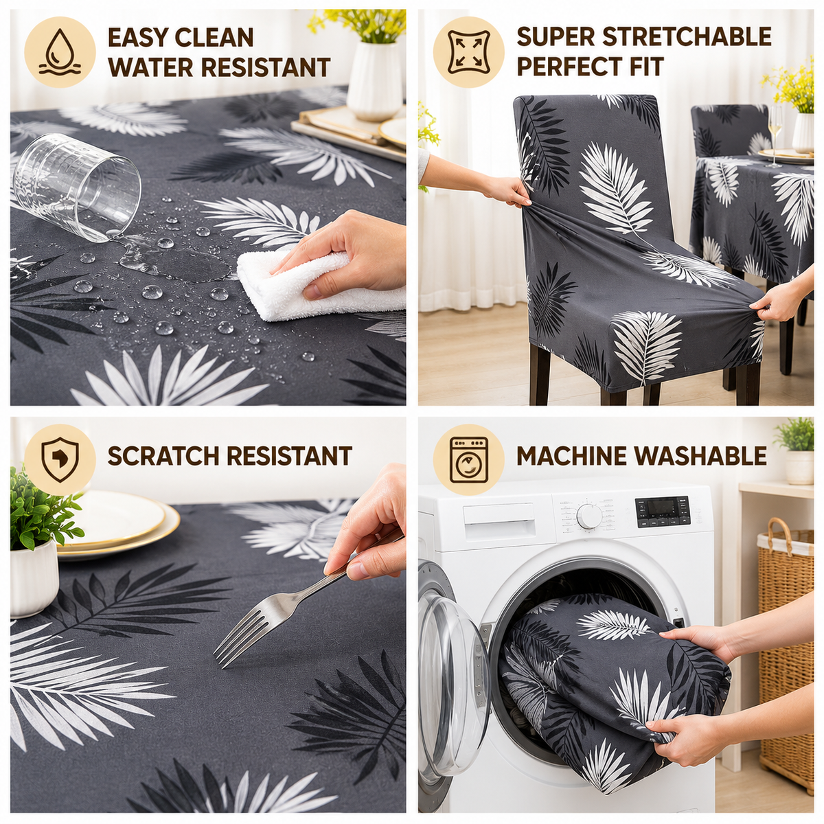 Charcol Fern Dining Set Cover | Round Table & Chair Covers | Stretchable & Machine Washable | 4, 6 & 8 Seater