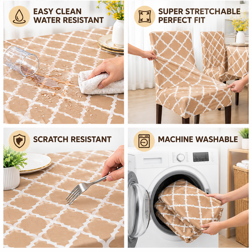 Cream Diamond Dining Set Cover | Table & Chair Covers | Stretchable & Machine Washable | 4, 6 & 8 Seater
