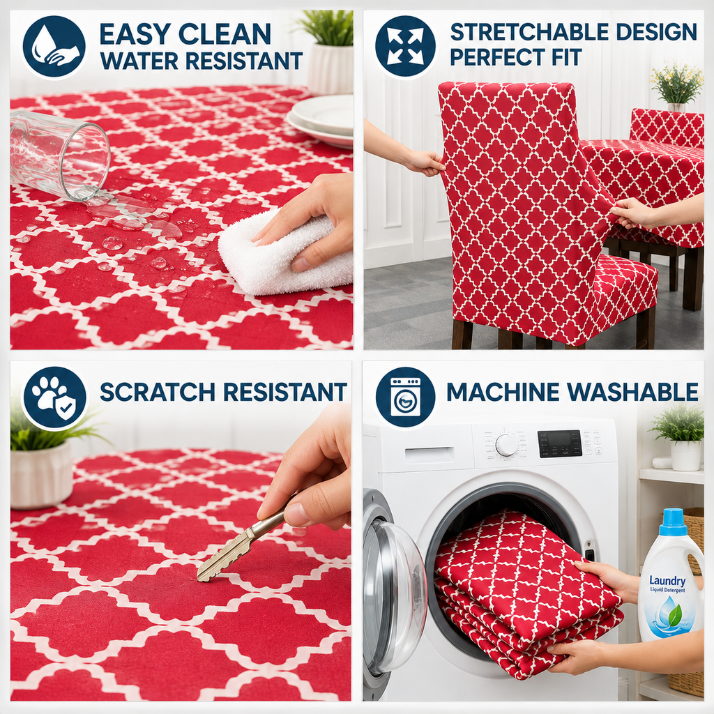 Red Diamond Dining Set Cover | Table & Chair Covers | Stretchable & Machine Washable | 4, 6 & 8 Seater