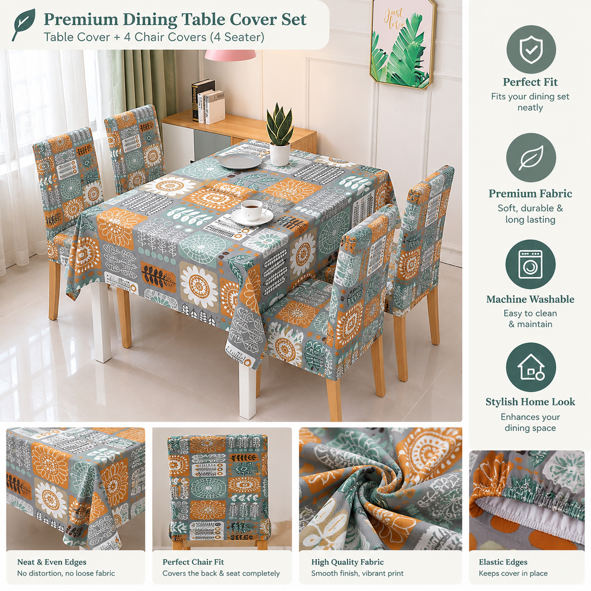 Square Art Dining Set Cover | Round Table & Chair Covers | Stretchable & Machine Washable | 4, 6 & 8 Seater