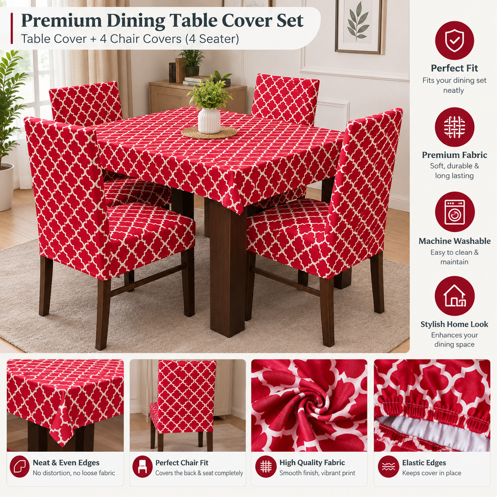Red Diamond Dining Set Cover | Table & Chair Covers | Stretchable & Machine Washable | 4, 6 & 8 Seater