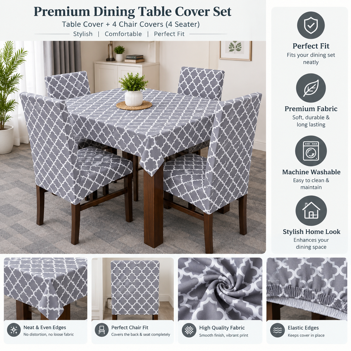 Grey Diamond Dining Set Cover | Round Table & Chair Covers | Stretchable & Machine Washable | 4, 6 & 8 Seater
