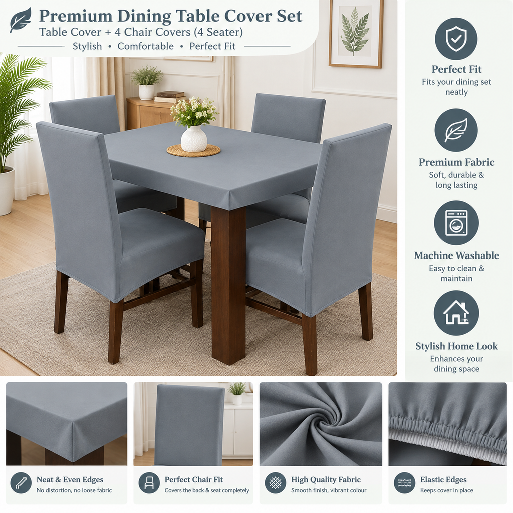 Grey Solid Dining Set Cover | Table & Chair Covers | Stretchable & Machine Washable | 4, 6 & 8 Seater