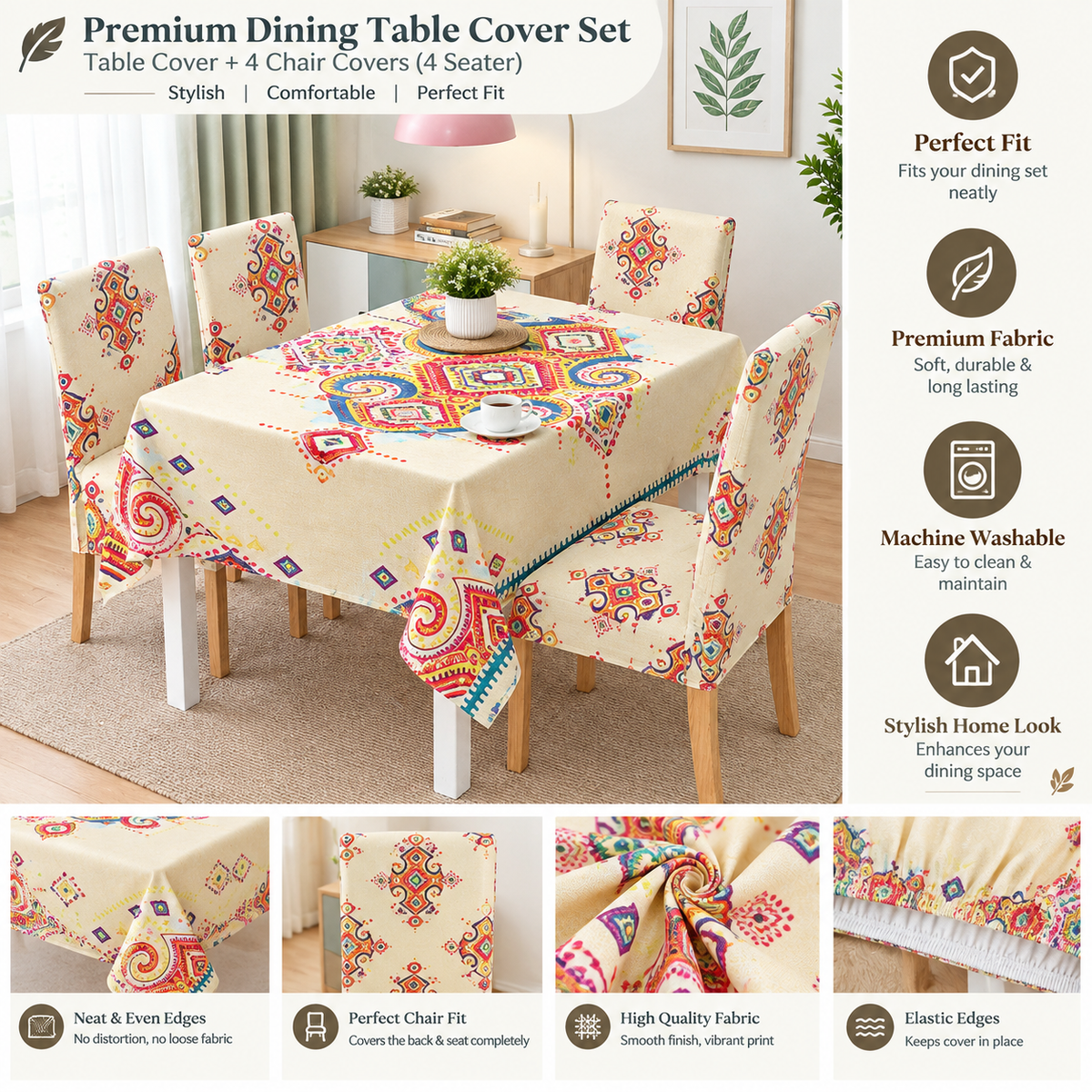 Cream Rangoli Dining Set Cover | Table & Chair Covers | Stretchable & Machine Washable | 4, 6 & 8 Seater