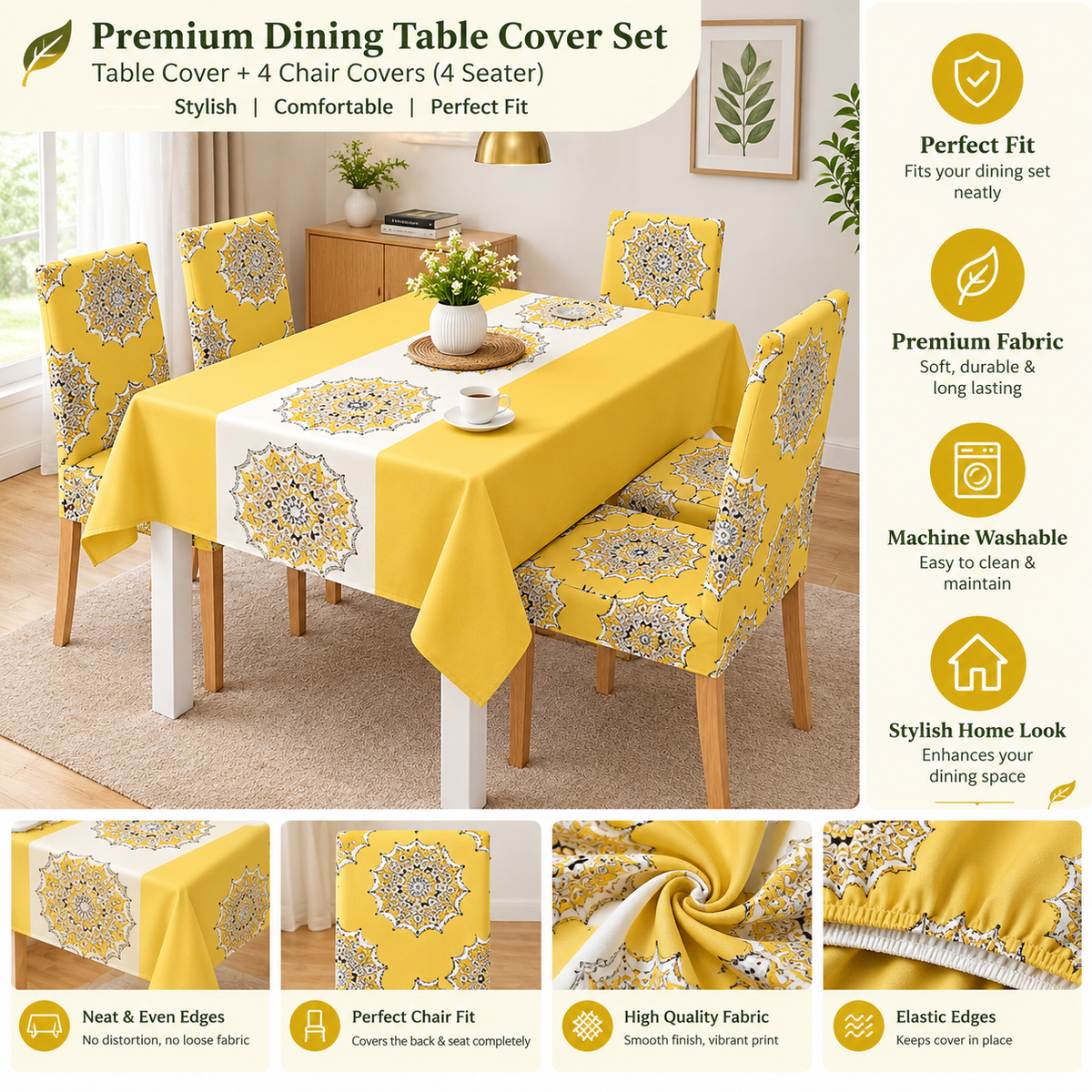 Mustard Rangoli Dining Set Cover | Table & Chair Covers | Stretchable & Machine Washable | 4, 6 & 8 Seater