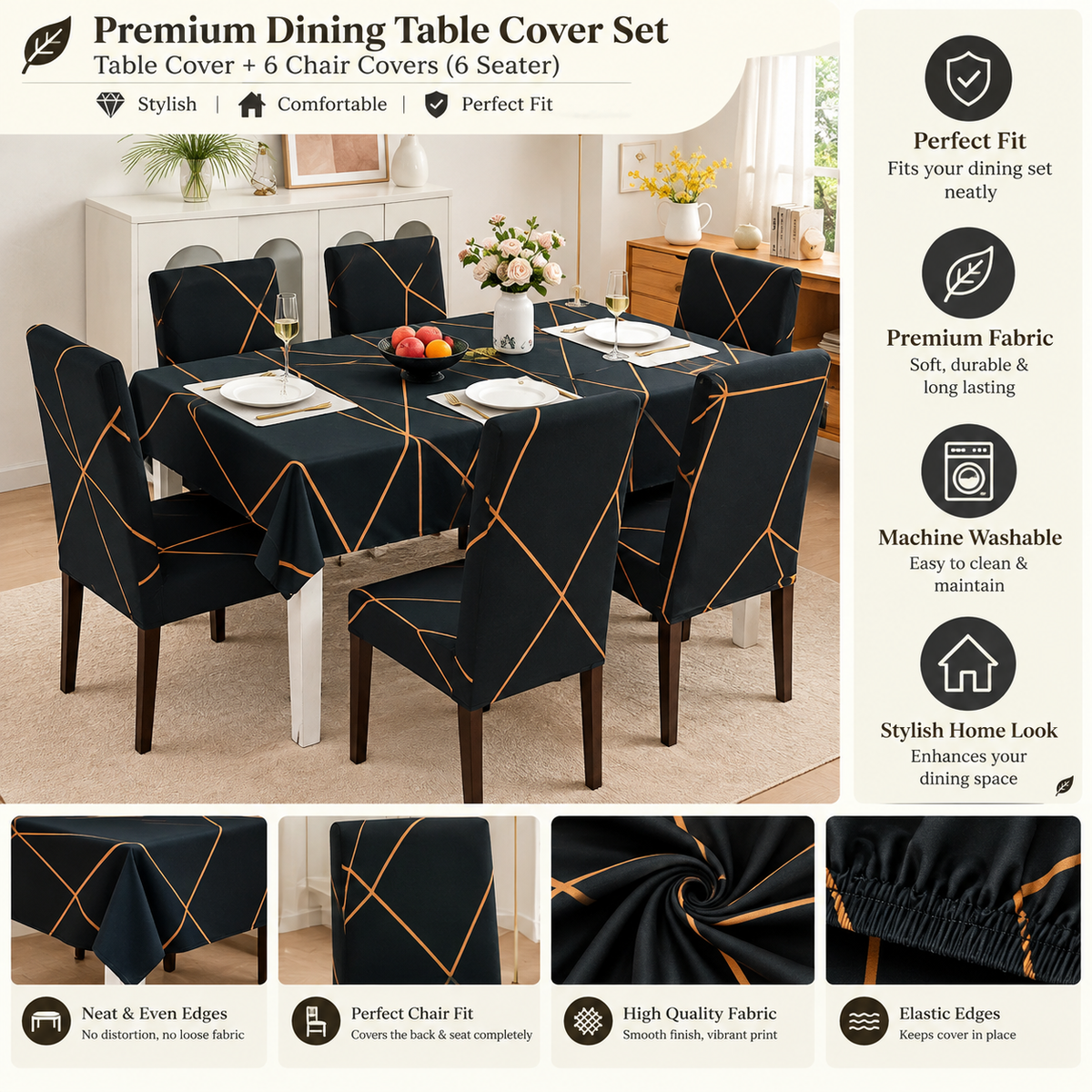 Prism Gold Dining Set Cover | Round Table & Chair Covers | Stretchable & Machine Washable | 4, 6 & 8 Seater