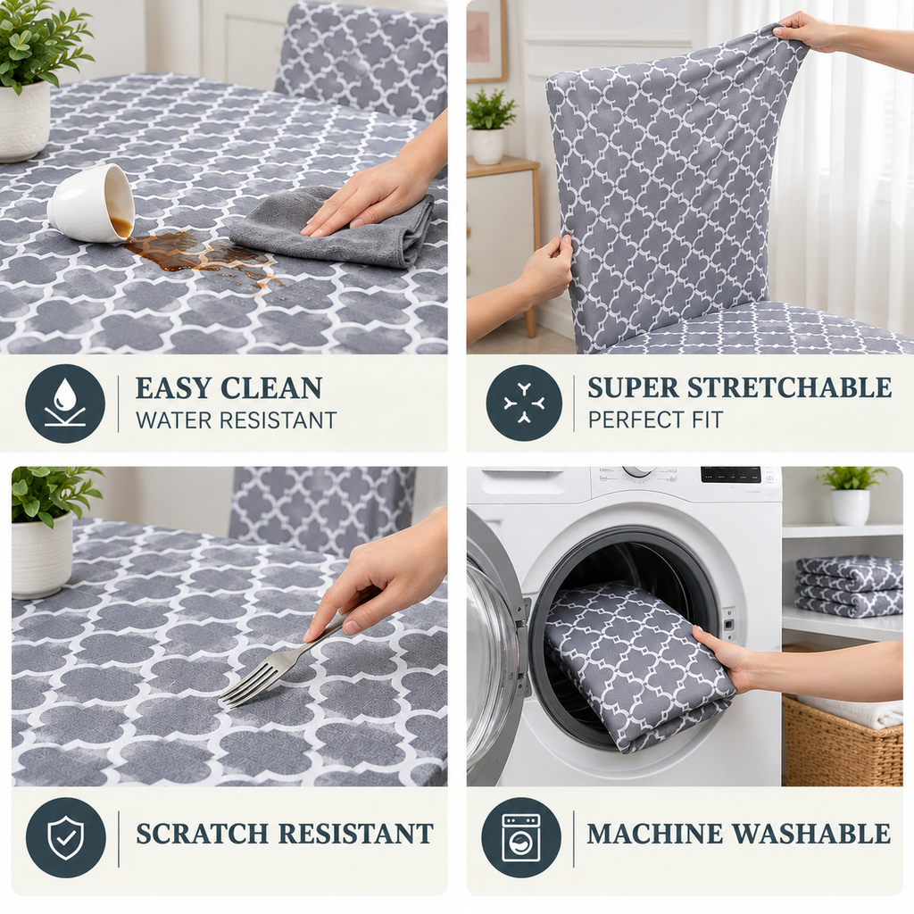 Grey Diamond Dining Set Cover | Table & Chair Covers | Stretchable & Machine Washable | 4, 6 & 8 Seater