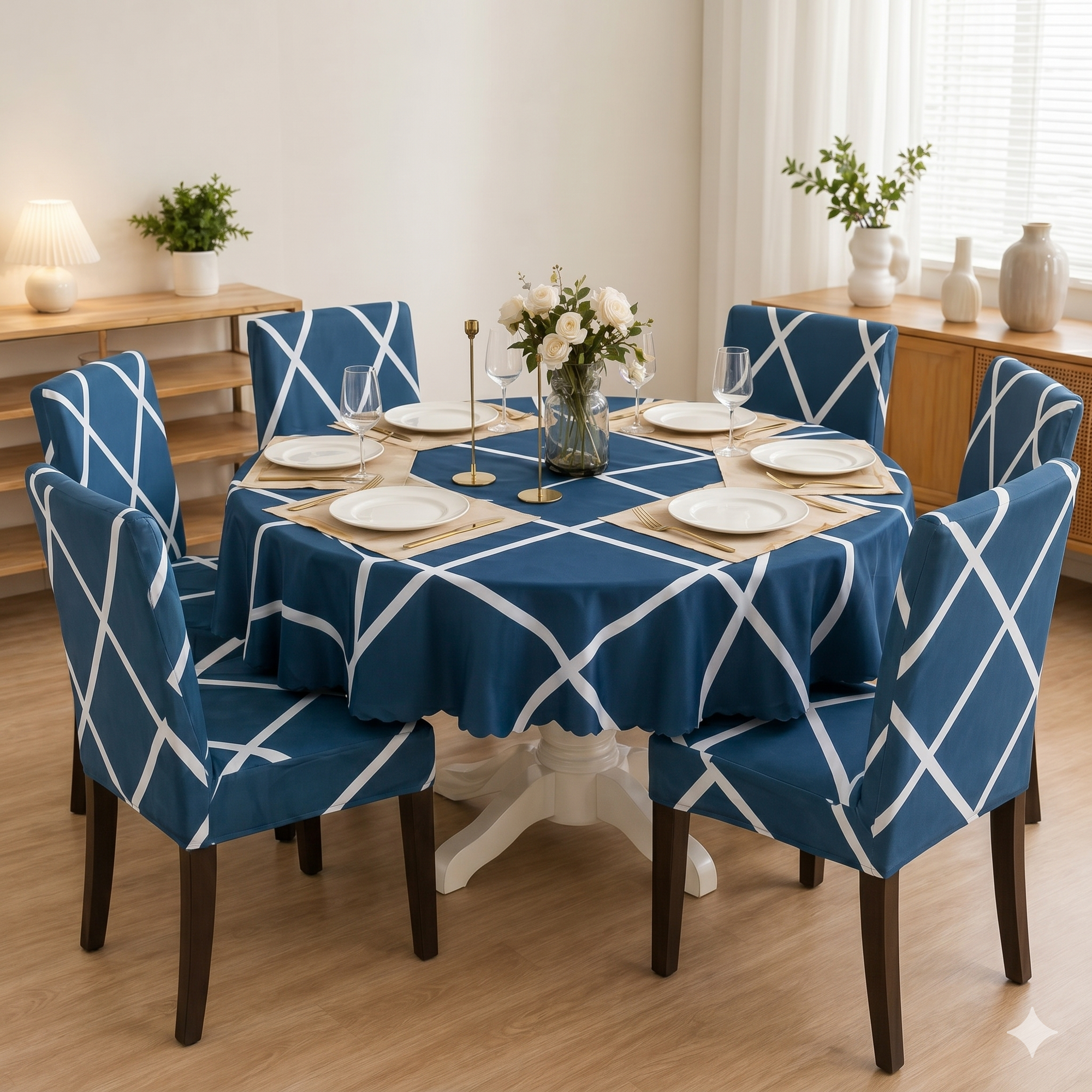 Cross Blue Round Table & Chair Cover – Stretchable, Dustproof & Machine Washable