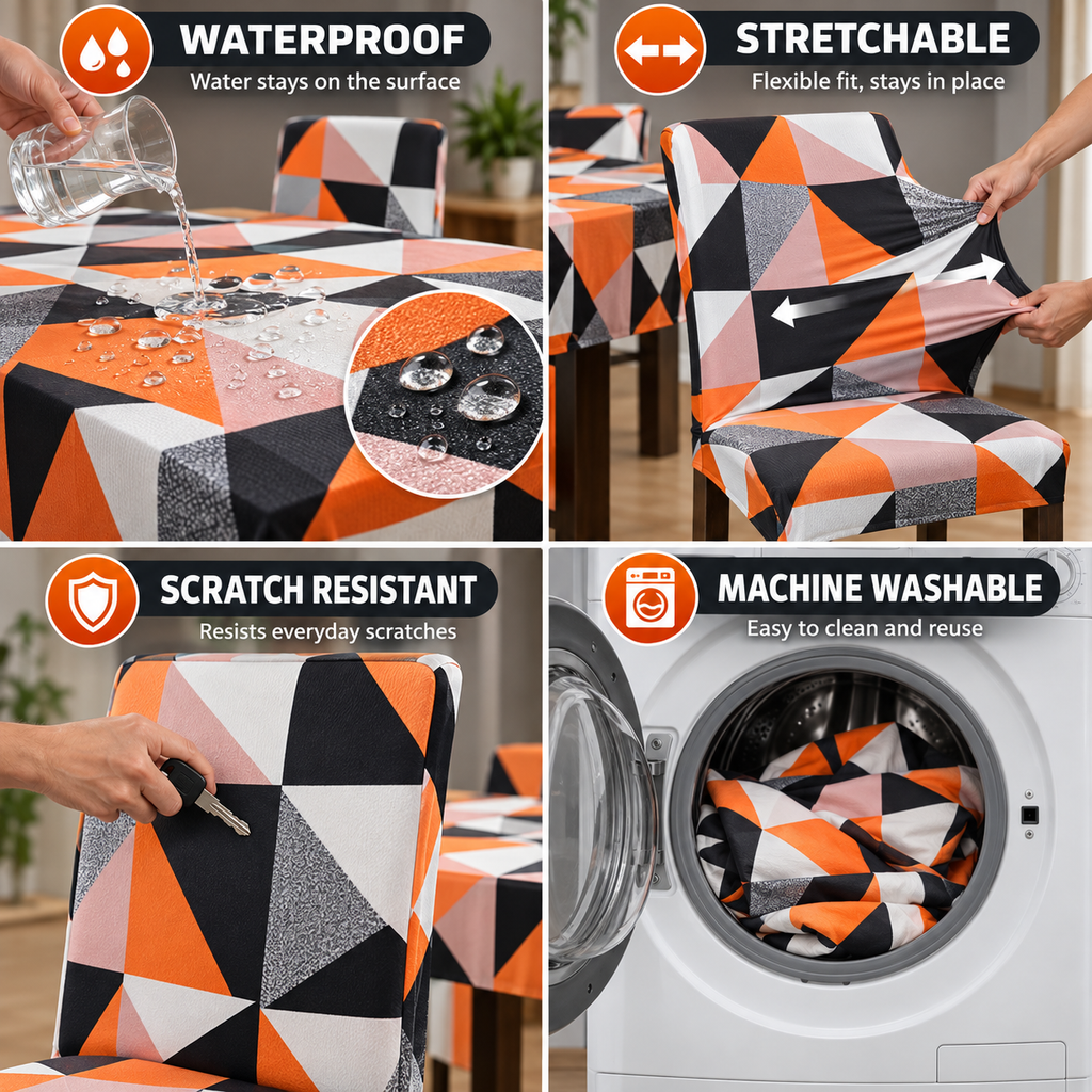 Prism Orange Dining Set Cover | Round Table & Chair Covers | Stretchable & Machine Washable | 4, 6 & 8 Seater